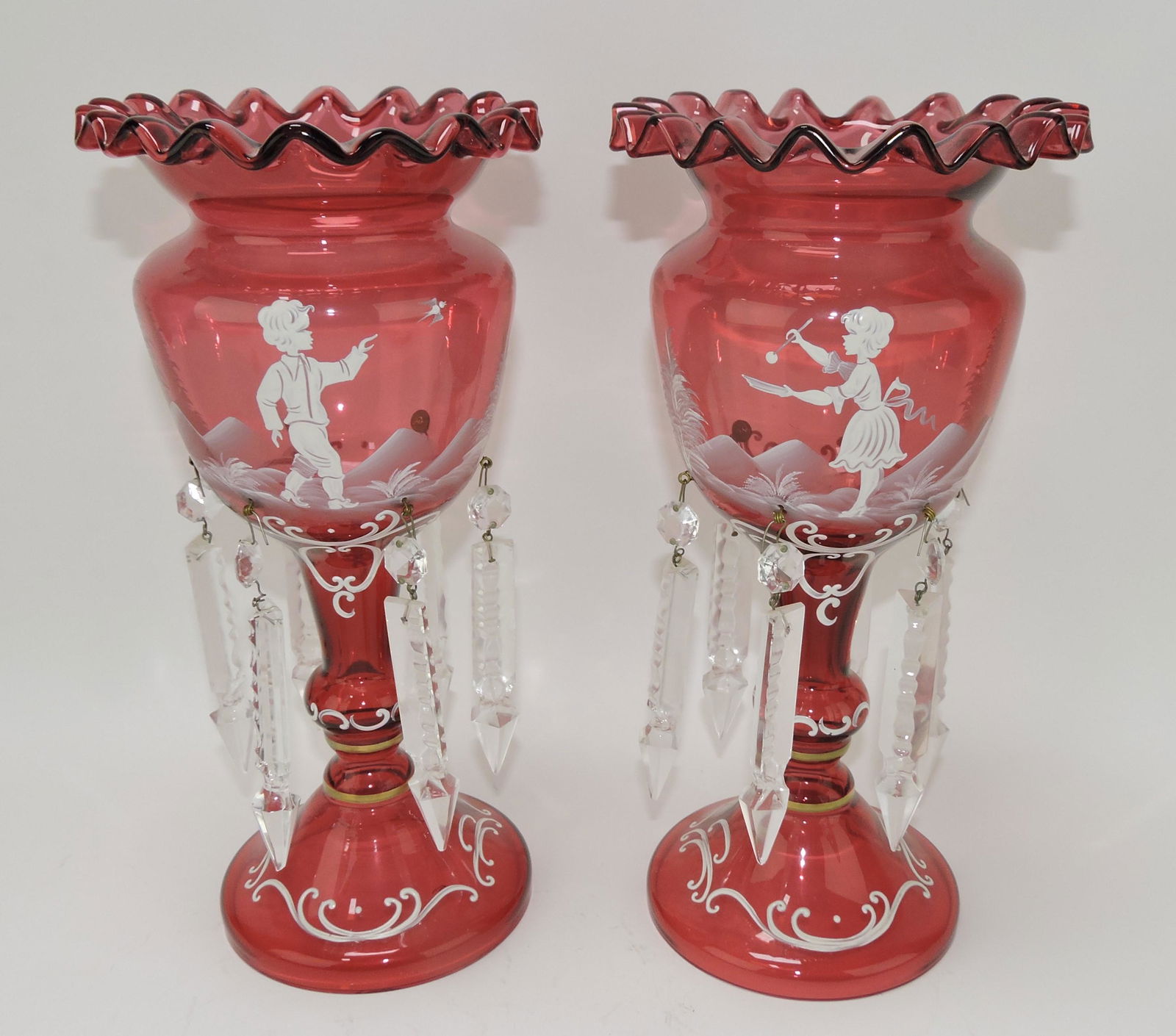 Cranberry glass Mary Gregory pair of: mantle lusters with prisms, 12"