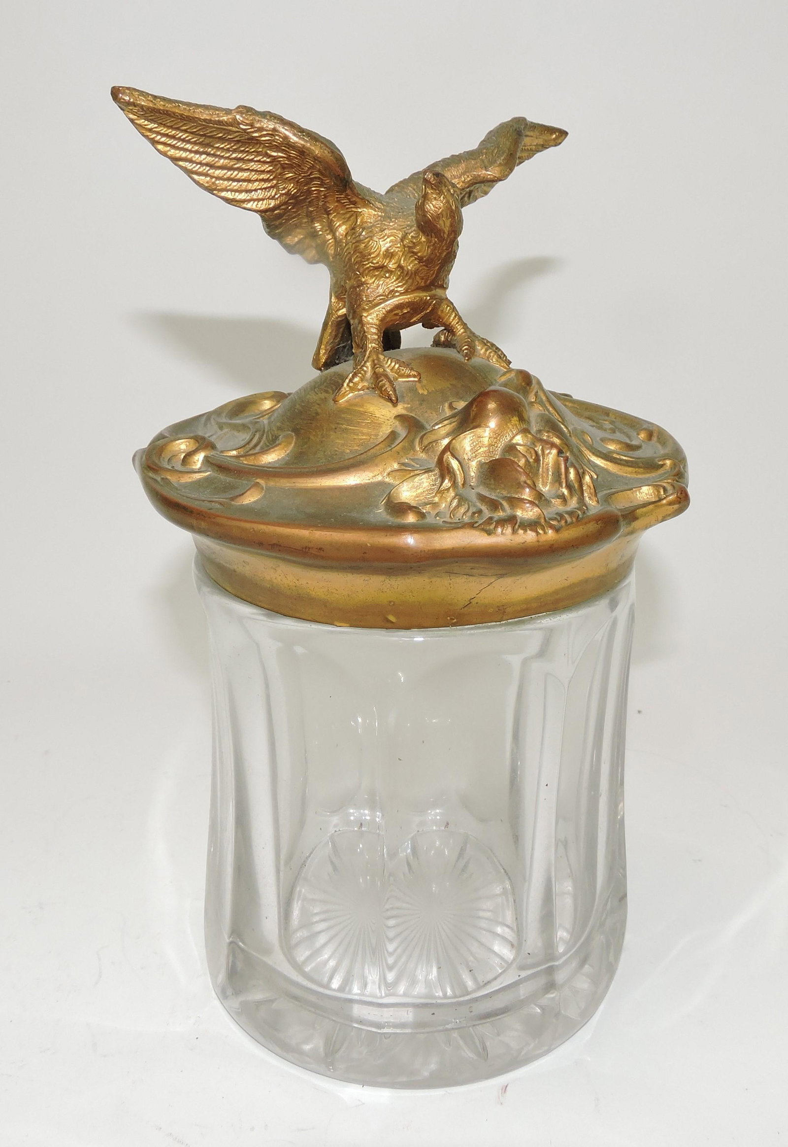 Clear glass humidor with cast brass: eagle lid, 8 1/2"