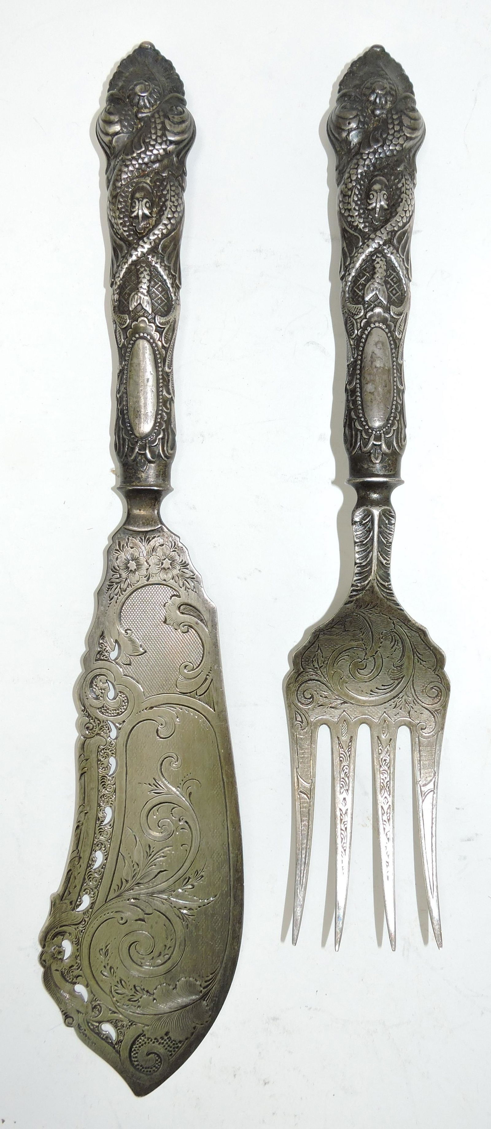 Silver fish serving knife and fork with (1 of 3)