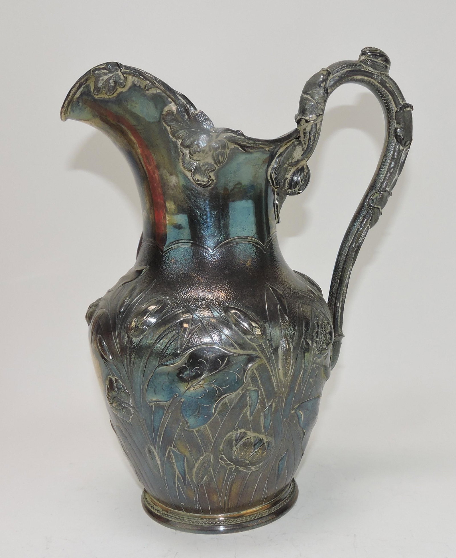 Gale & Willis New York sterling: silver pitcher with embossed water lily and cattails, monogrammed, 10 1/2", 31oz+