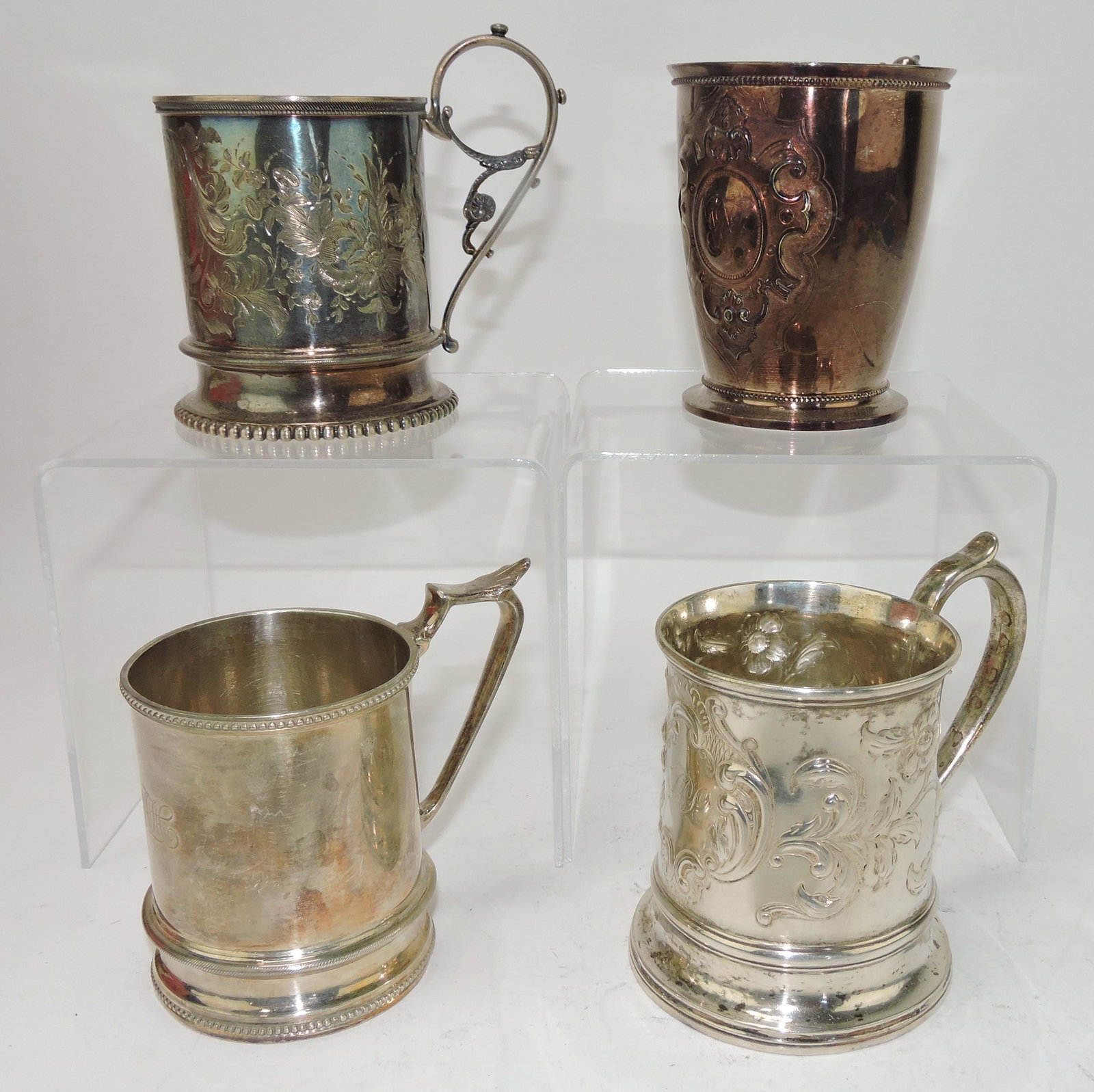 Ball & Black and Ball Tompkins &: Black lot of 4 silver mugs, monogrammed, 25.3oz+