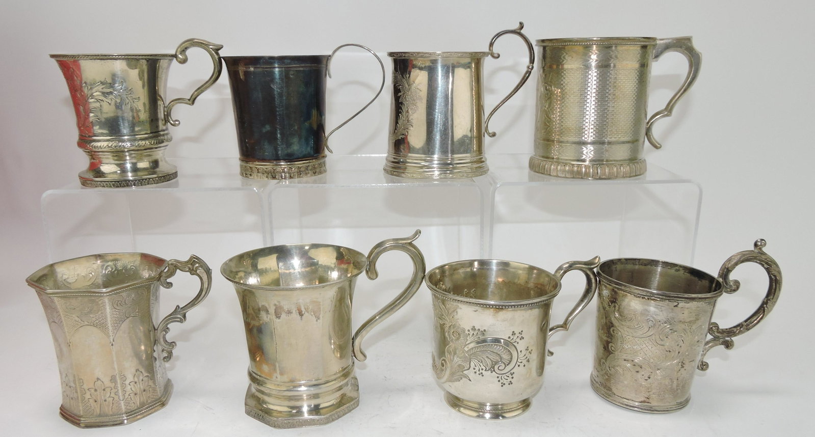Lot of 8 America silver (coin & sterling): mugs, 32.2oz+, various makers