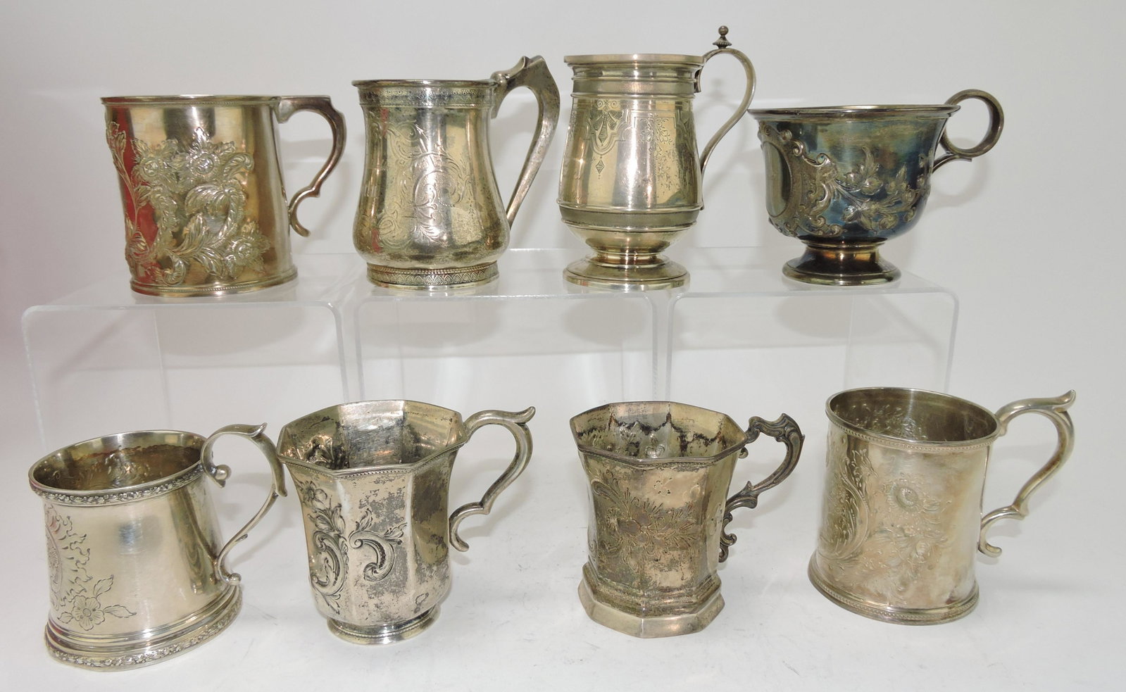 Lot of 8 America silver (coin & sterling): mugs, 34.1oz+, various makers