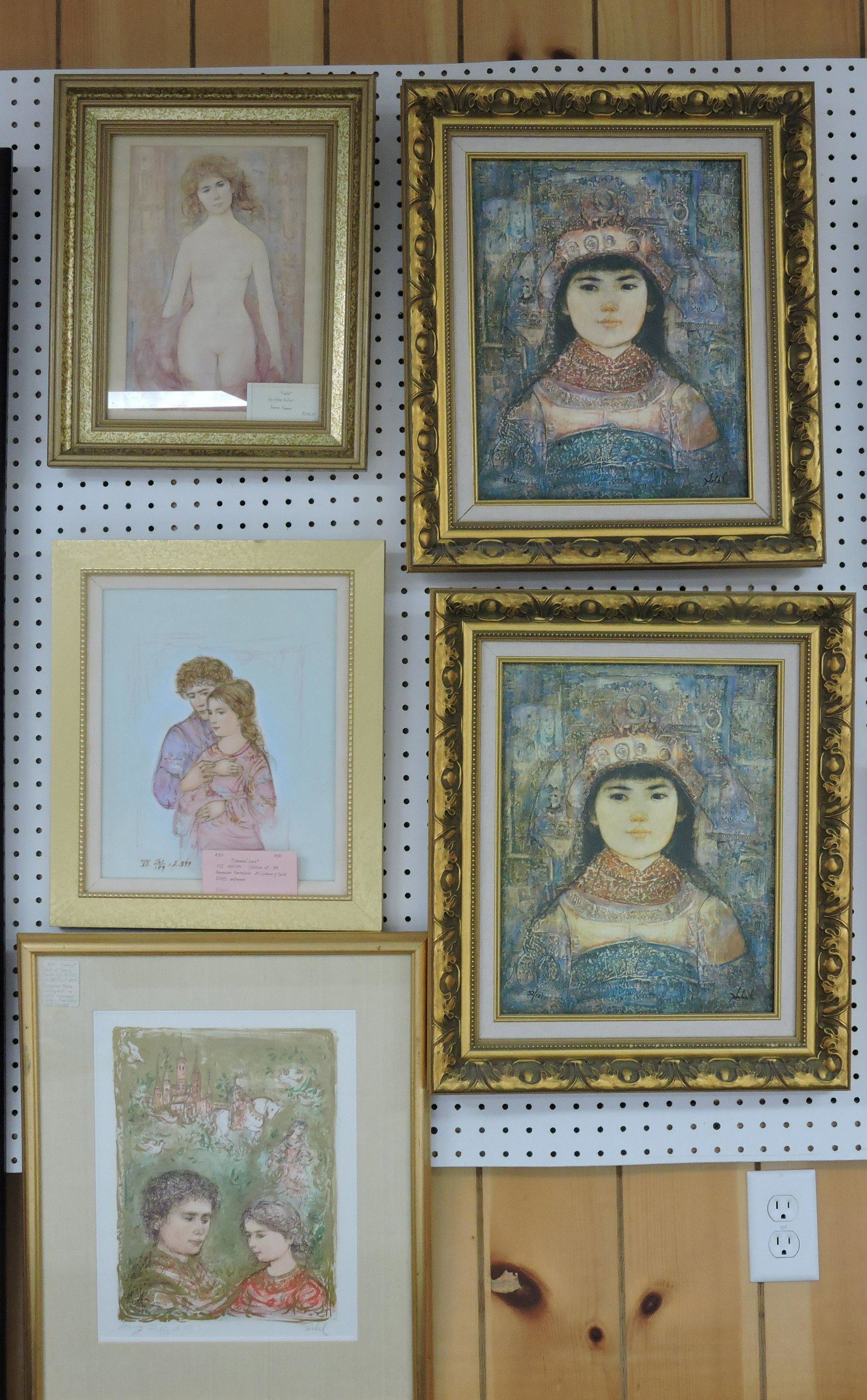Edna Hibel lot of 5 pieces:: painting on porcelain 'Eternal Love', 2 lithographs on canvas, 'Sowing' lithograph, and 'Nude' lithograph