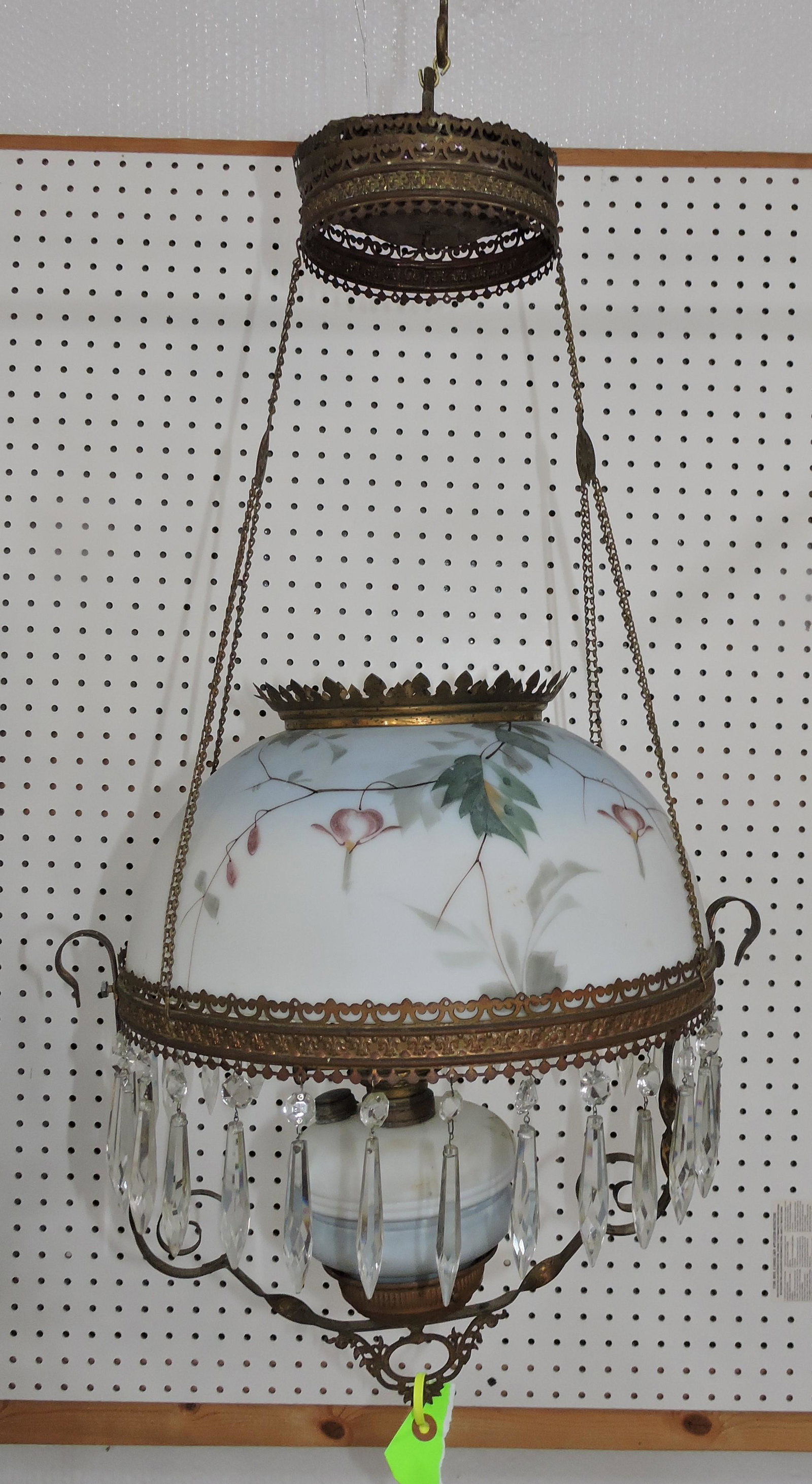 Mt. Washington satin glass antique: hanging lamp with floral shade and prisms