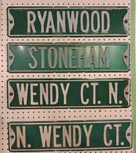 Lot of 4 NOS embossed metal: street signs; Ryanwood, Stoneham, Wendy Ct N, N Wendy Ct; 6"x24"