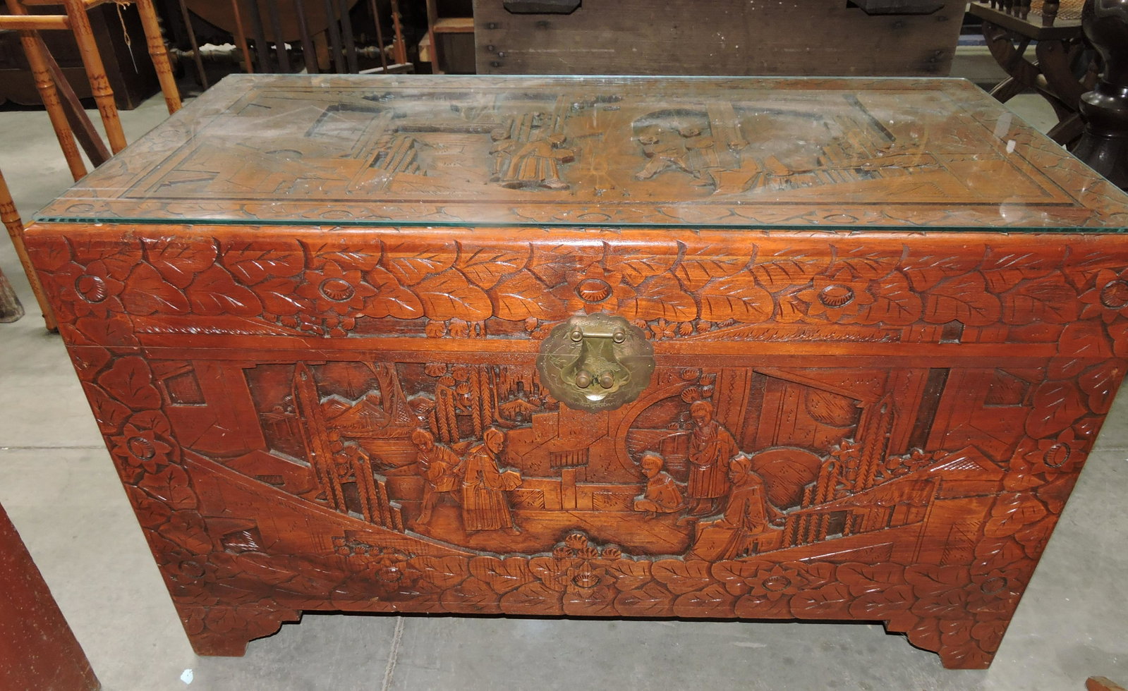 Japanese carved blanket chest with: glass top, 40"w, 23"h, 21"d
