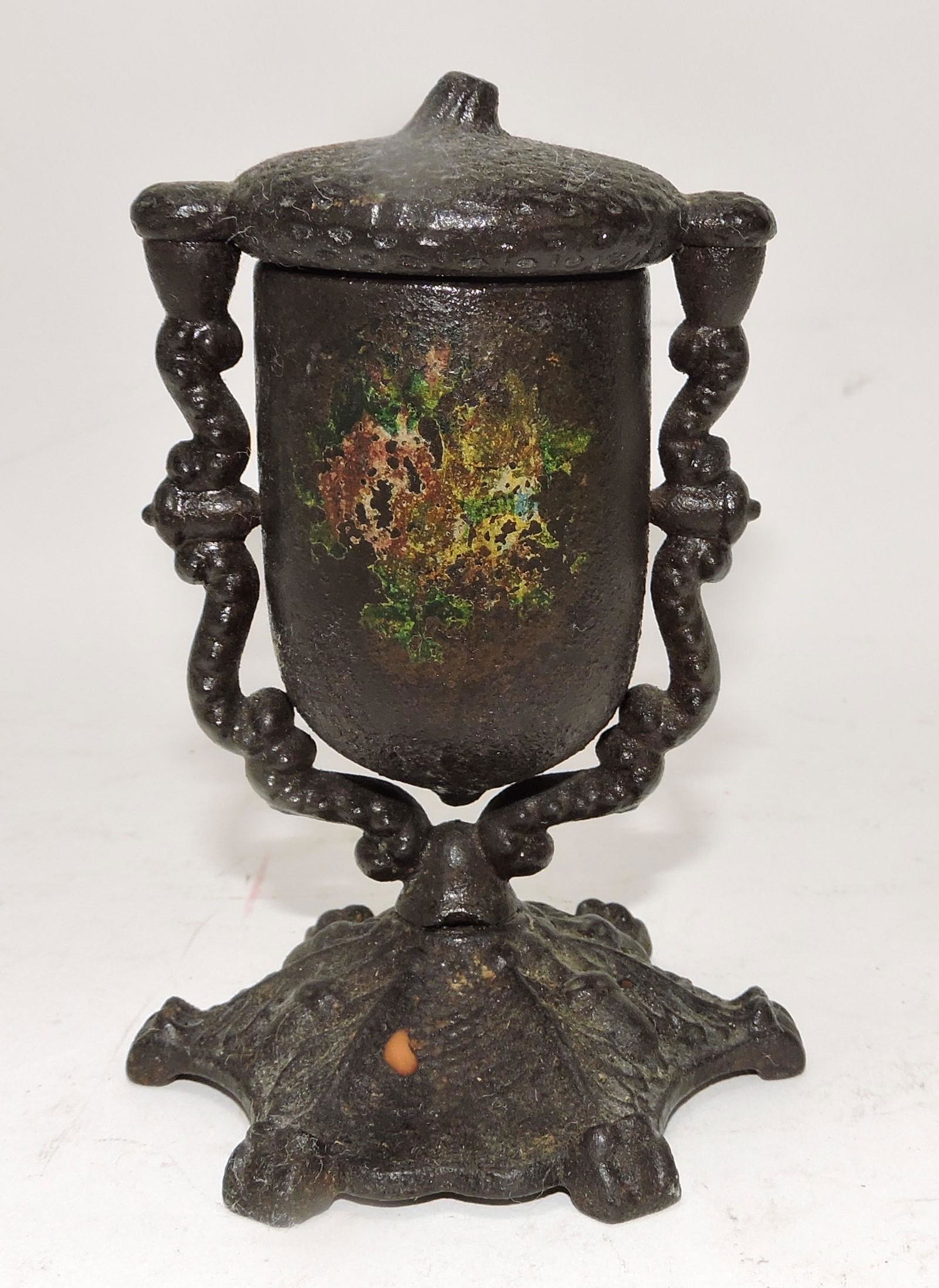 Cast iron acorn swinging toothpick: holder, 4", pat'd date 1862