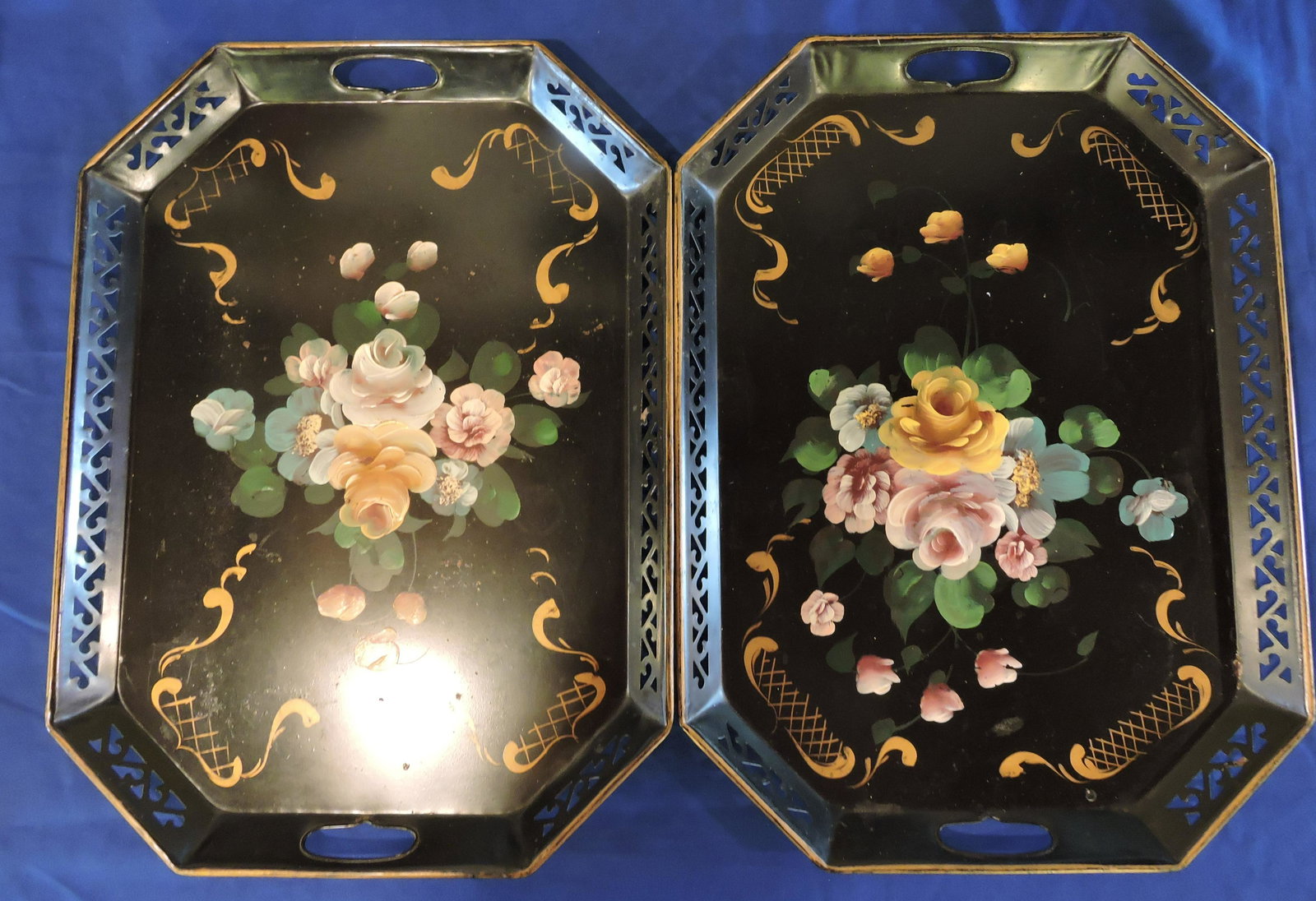 Lot of 2 floral tole trays, 22"x16": .