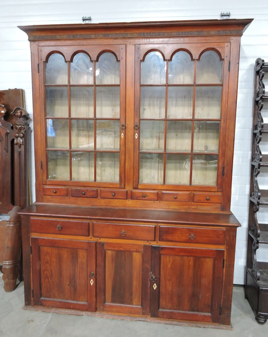 Early cherry 24 pane two piece stepback cupboard (1 of 7)