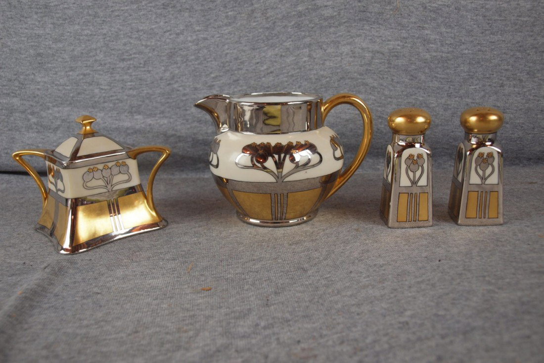 Pickard Art Deco platinum and gold cream/sugar and: Pickard Art Deco platinum and gold cream/sugar and salt/pepper, signed