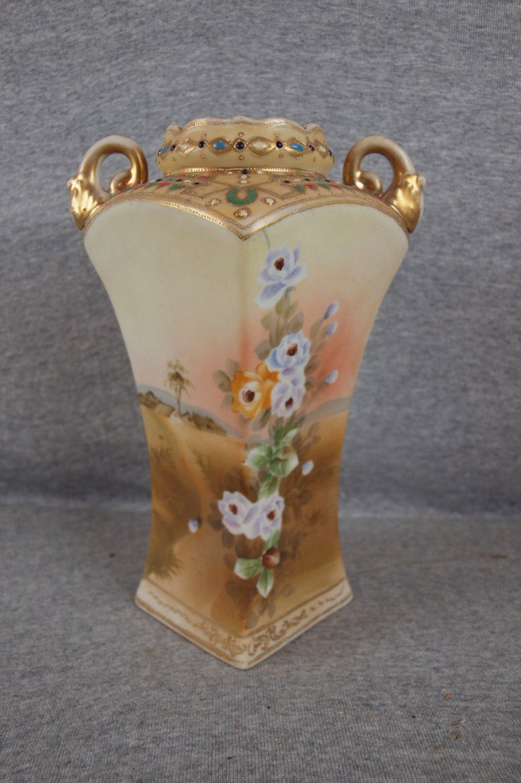 Nippon two handled floral and landscape vase, 9 1/: Nippon two handled floral and landscape vase, 9 1/2"