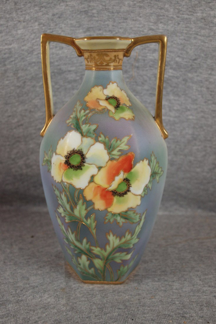 Nippon two handled floral vase with poppies, 8 1/2: Nippon two handled floral vase with poppies, 8 1/2"