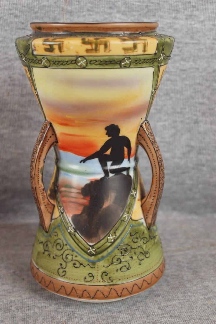 Nippon tri-handle vase with silhouette of man, 7 1: Nippon tri-handle vase with silhouette of man, 7 1/4"