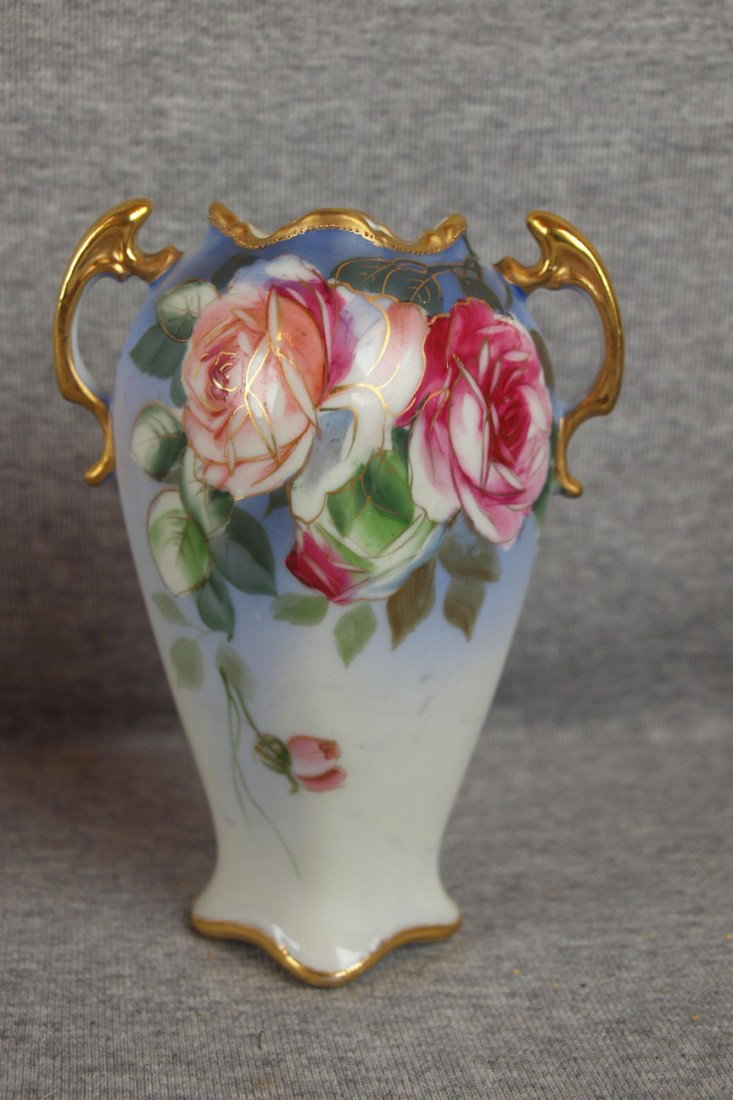 Nippon two handle vase with roses, 6" : Nippon two handle vase with roses, 6"