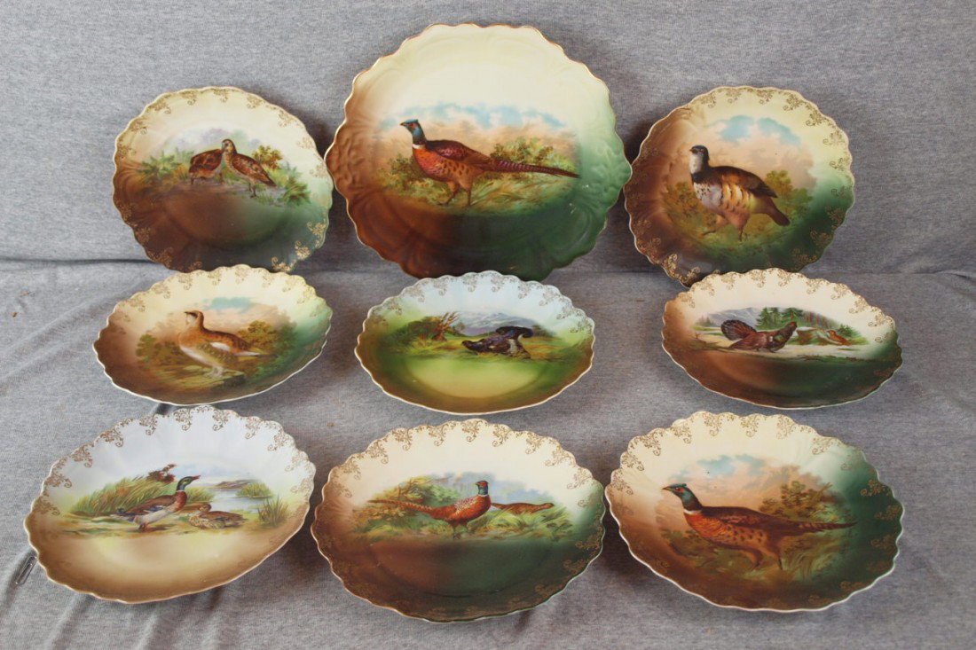Bavarian "Punch" game plate set with 13" platter a: Bavarian "Punch" game plate set with 13" platter and 8-9 1/2" game bird plates