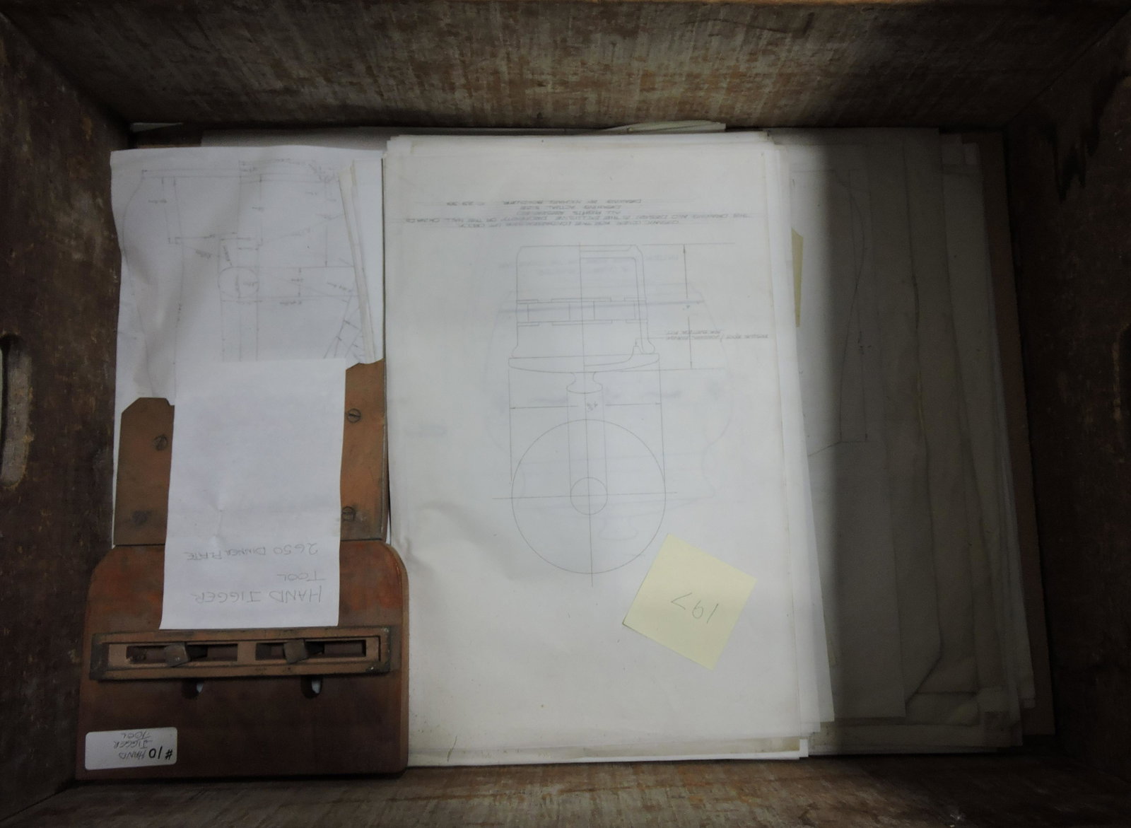 Hall China wooden dish crate with: ephemera, old files, drawings, artwork, etcetera