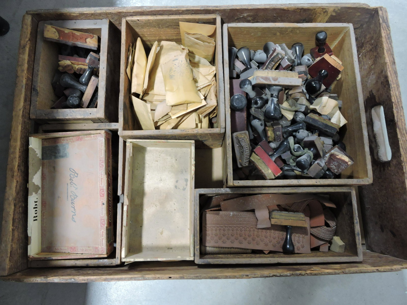 Hall China wooden dish crate with: rubber stamps