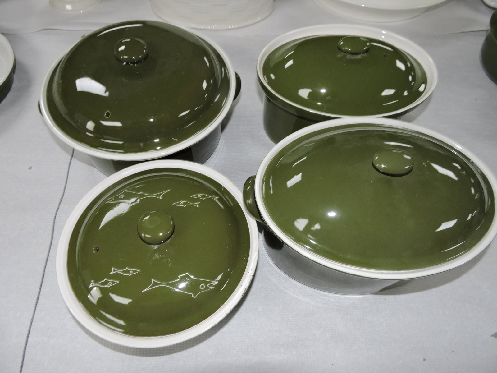 Hall China lot of 4 dark green casseroles: .