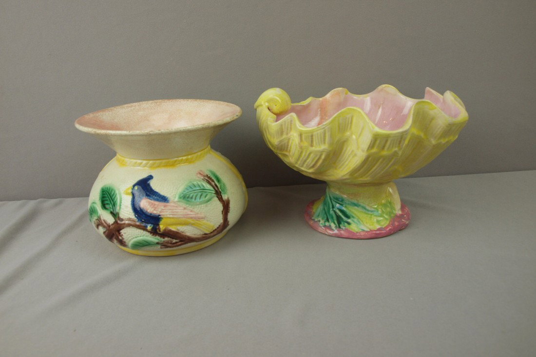 Bird and floral spittoon and shell form comport, b: Bird and floral spittoon and shell form comport, both with hairline repair