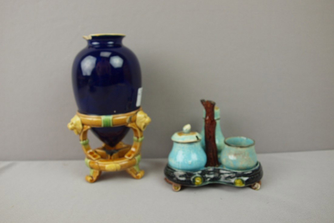 MINTON cobalt ovoid vase with lion stand, base bro: MINTON cobalt ovoid vase with lion stand, base broken and HOLDCROFT condiment server, broken handle, includes shaker, toothpick holder and mustard pot