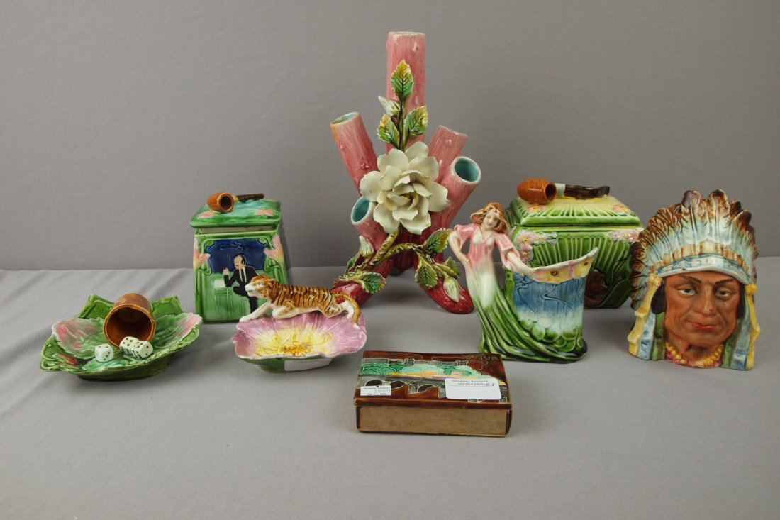 Majolica lot of 8 items - humidors, vase, tray, an: Majolica lot of 8 items - humidors, vase, tray, and match box, various condition