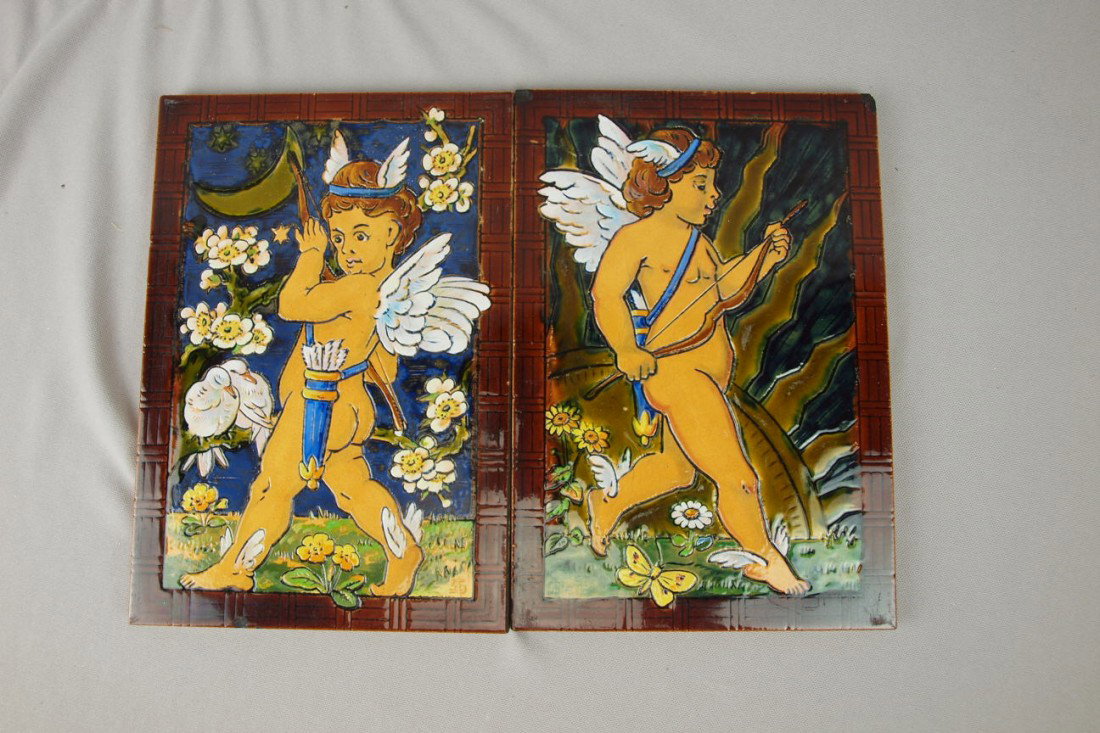 MINTON pair of tiles, "Night" and "Day" with cupid: MINTON pair of tiles, "Night" and "Day" with cupids, 8" x 11 1/2", rim nicks