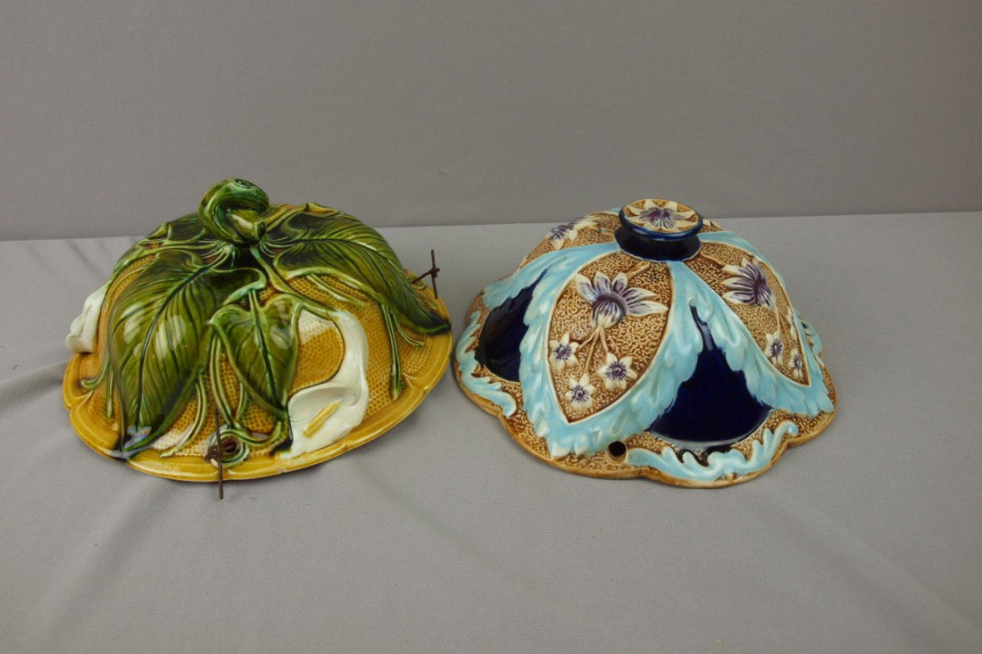 French majolica lot of 2 hanging jardinieres, rim: French majolica lot of 2 hanging jardinieres, rim chips to one