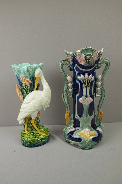 Continental majolica stork pedestal, 11 1/2" AND : Continental majolica stork pedestal, 11 1/2" AND Art Noveau cobalt vase, 13"