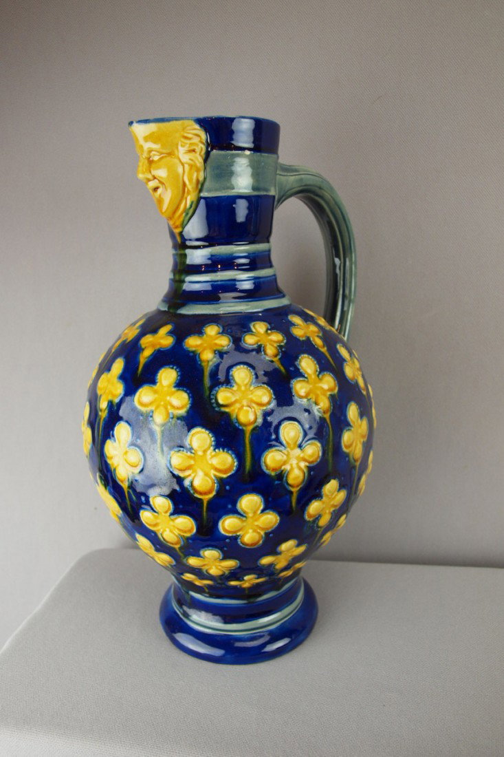 MINTON cobalt mask jug, no. 596, nick to spout, 1: MINTON cobalt mask jug, no. 596, nick to spout, 11 1/2"