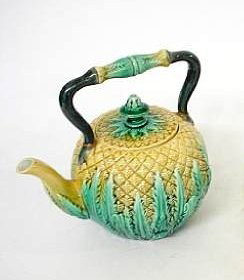 Majolica pineapple tea kettle, circa 1875, attrib: Majolica pineapple tea kettle, circa 1875, attributed to Adams & Bromley