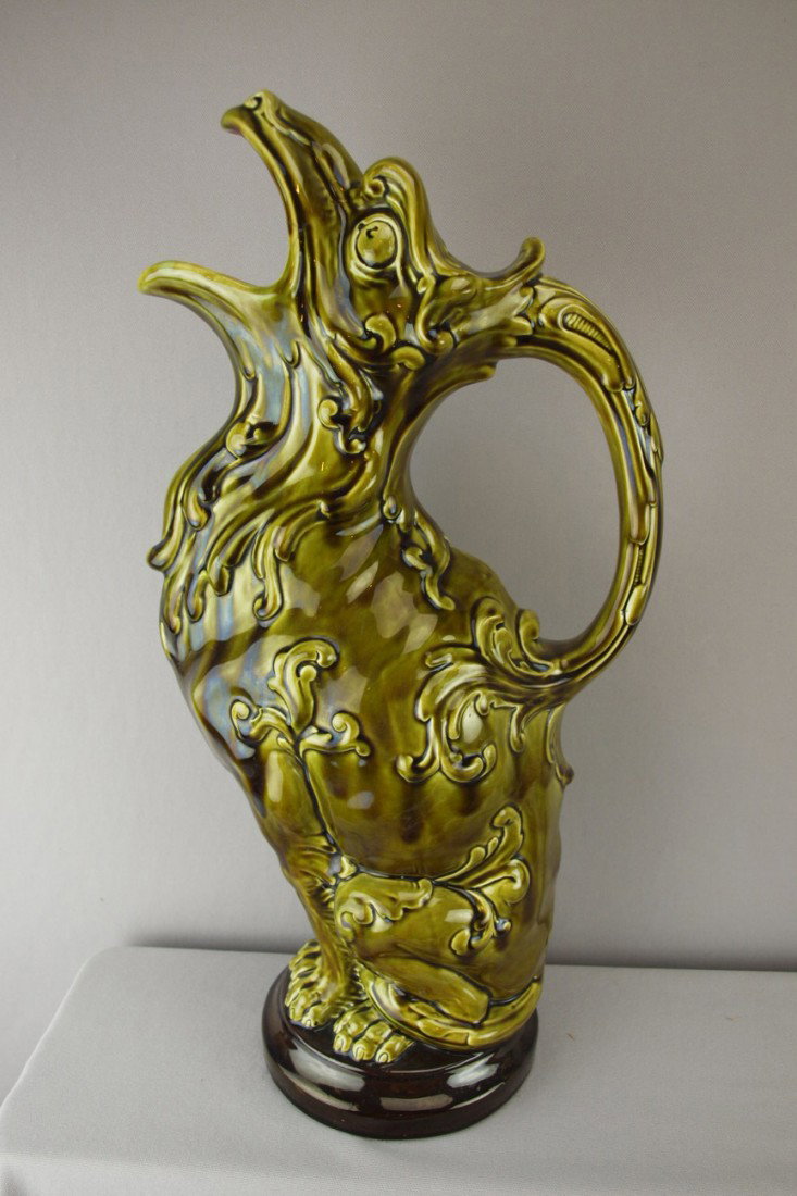 SARREGUEMINES large griffin figural jug, 20", rep: SARREGUEMINES large griffin figural jug, 20", repair to spout