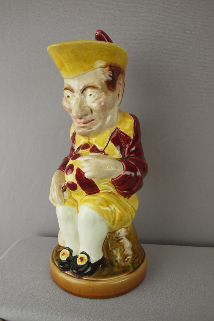 SARREGUEMINES "Punch" figural pitcher, 13", profe: SARREGUEMINES "Punch" figural pitcher, 13", professional rim repair