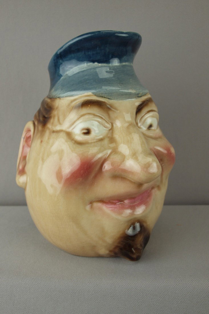 SARREGUEMINES face jug with man in blue hat with : SARREGUEMINES face jug with man in blue hat with goatee, 8 1/2", no. 3612