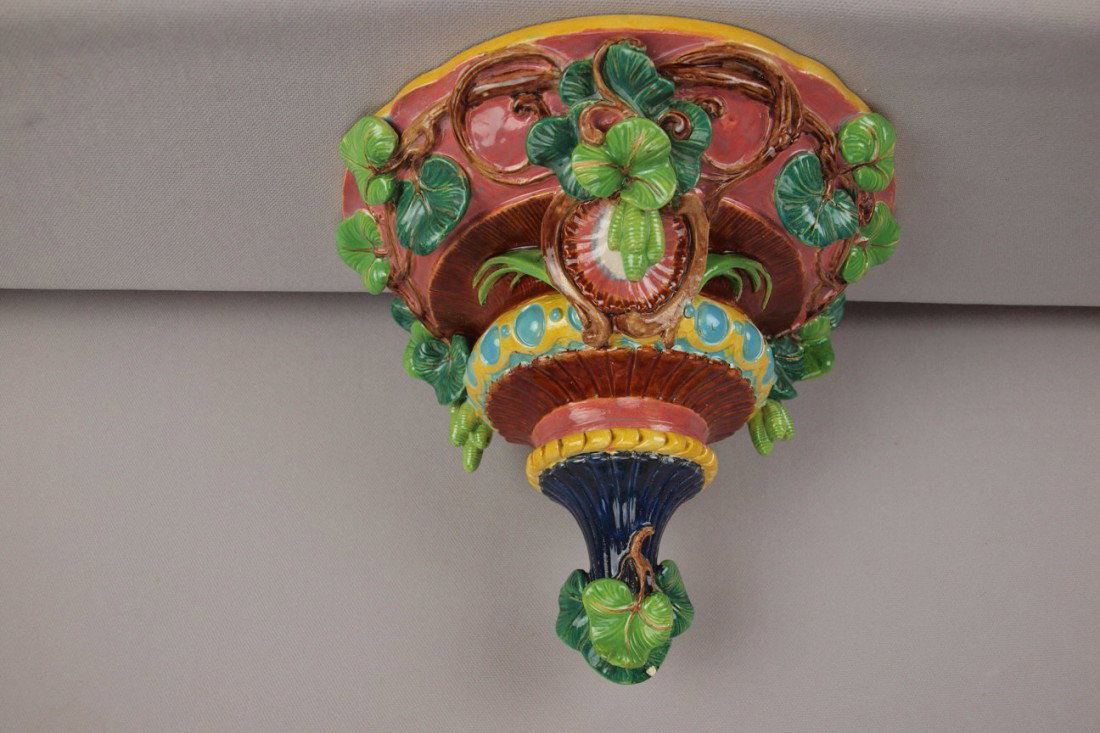COPELAND majolica wall bracket shelf with vine an: COPELAND majolica wall bracket shelf with vine and leaves, nick to leaf edge, 7"h, 8 1/2"w, 6 1/2"d
