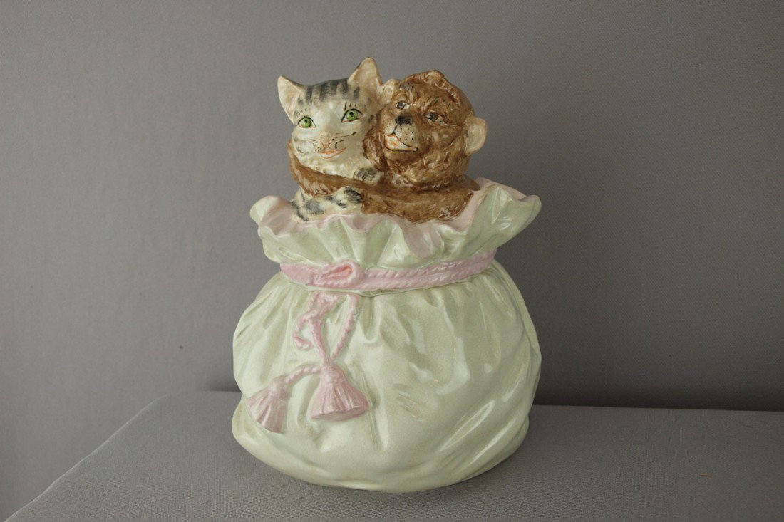 German figural humidor with cat and monkey in sac: German figural humidor with cat and monkey in sack, 8"