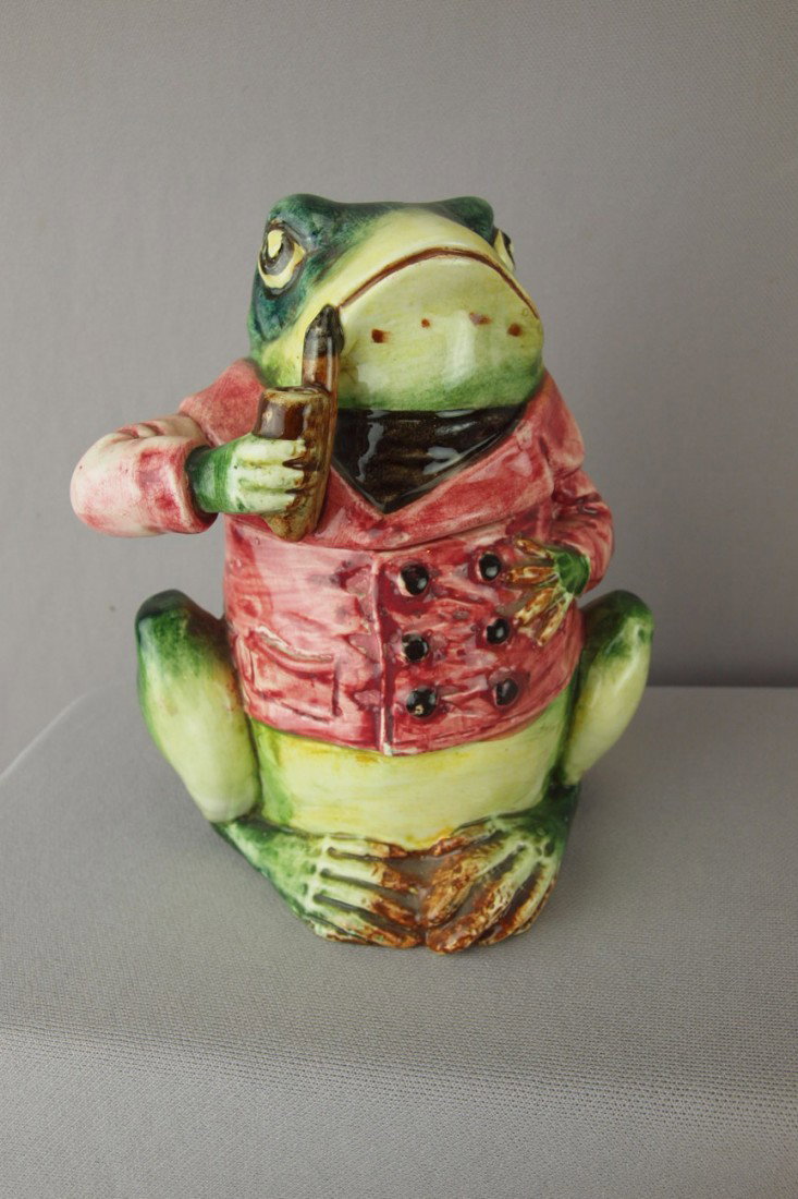 Continental figural frog with red smoking jacket : Continental figural frog with red smoking jacket humidor, 6"