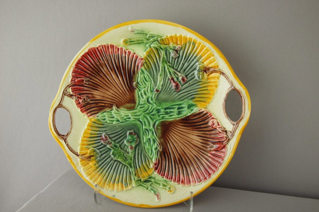 James Carr shells and seaweed round two handled m: James Carr shells and seaweed round two handled majolica tray, 10"