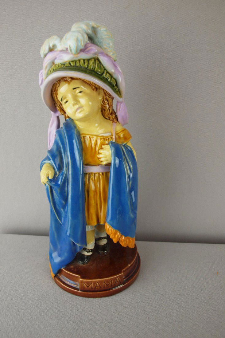 BROWNFIELD majolica figure of "Mama", professiona: BROWNFIELD majolica figure of "Mama", professional repair to ribbon, 11"