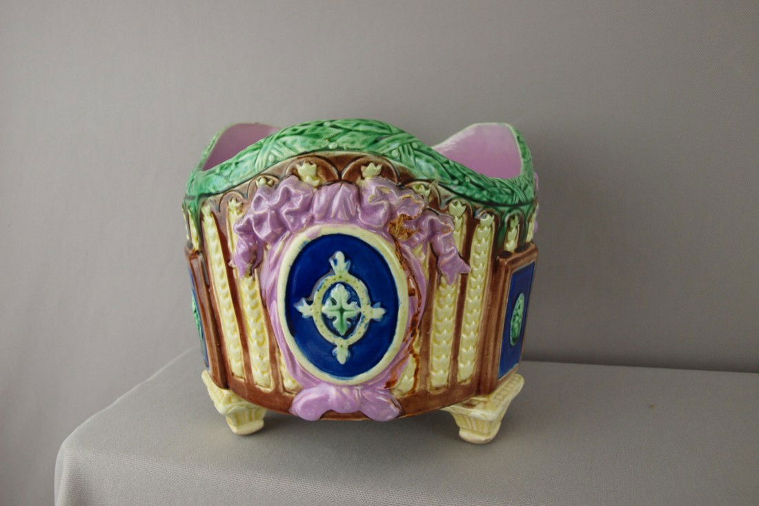 Majolica footed jardiniere with pink ribbons, 7"h: Majolica footed jardiniere with pink ribbons, 7"h, 8"d