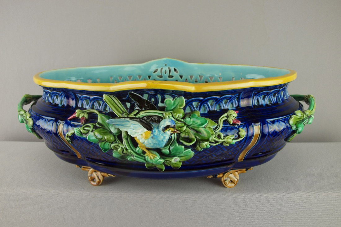 SARREGUEMINES rare cobalt large oval jardiniere w: SARREGUEMINES rare cobalt large oval jardiniere with pierced rim, birds and flowers , nice detail, 19 1/2"l, 6 1/2"h, professional rim repair