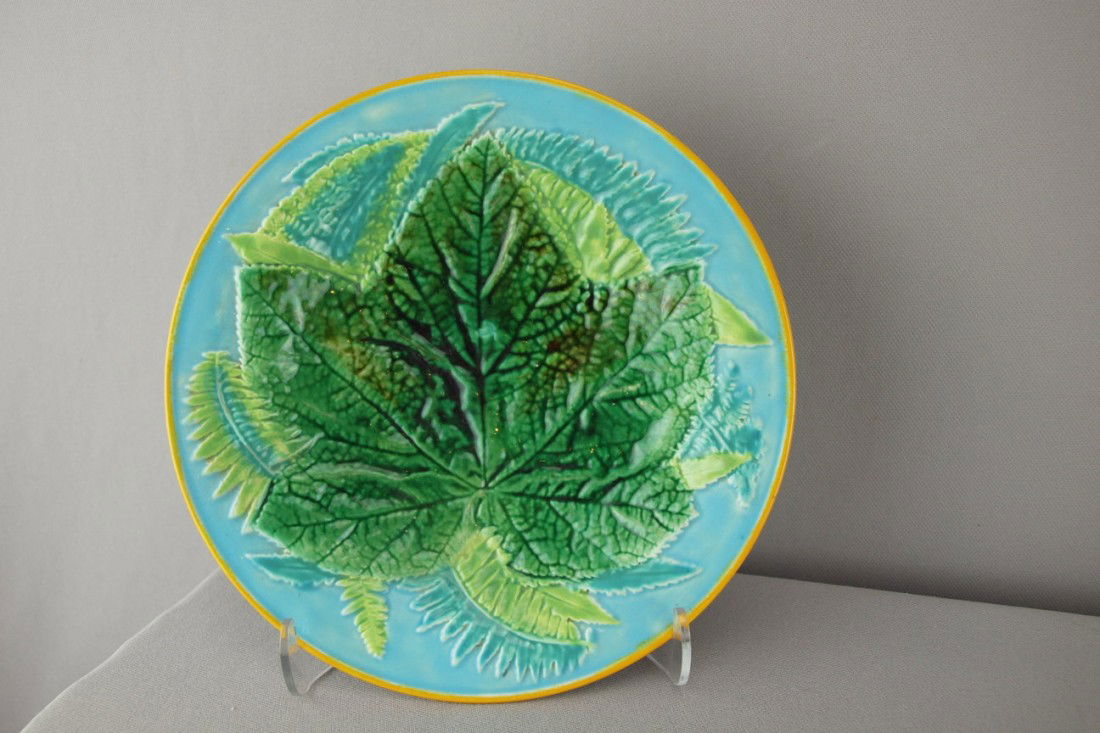 GEORGE JONES leaves and fern on turquoise ground: GEORGE JONES leaves and fern on turquoise ground 8" plate, minor base rim chip