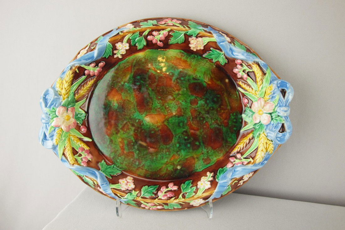 GEORGE JONES floral platter with lavender ribbon: GEORGE JONES floral platter with lavender ribbon and bow handles, professional rim repair, 13"