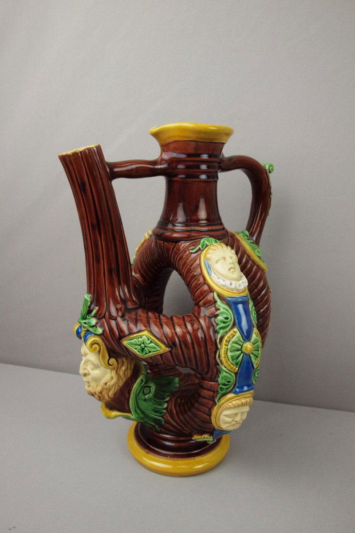 MINTON majolica rare flemish pitcher with lavende: MINTON majolica rare flemish pitcher with lavender interior , minor hairline