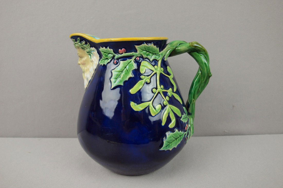 GEORGE JONES cobalt majolica "Father Christmas" j: GEORGE JONES cobalt majolica "Father Christmas" jug with vine handle6 1/4"