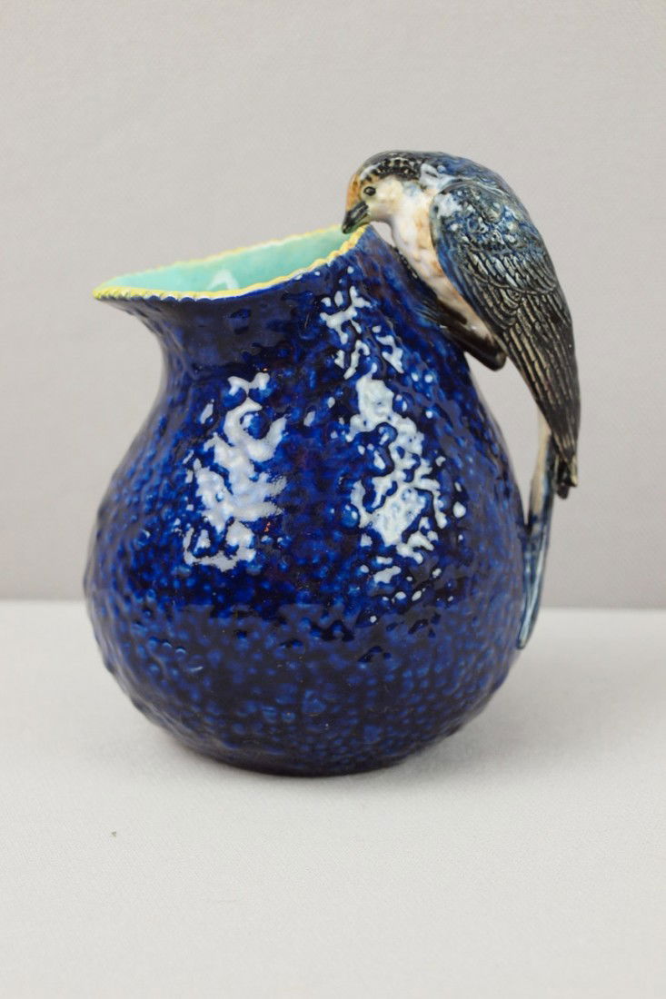 GEORGE JONES majolica cobalt gourd pitcher with b: GEORGE JONES majolica cobalt gourd pitcher with bird handle , professional rim and handle repair, 5" nick to spout