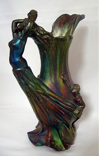 JEROME MASSIER iridescent glazed Art Nouveau cera: JEROME MASSIER iridescent glazed Art Nouveau ceramic ewer, exceptional quality and color, hand signed, 11 1/2", very rare