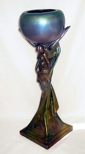 CLEMENT MASSIER "Homme Enleve' par Morphee" large: CLEMENT MASSIER "Homme Enleve' par Morphee" large Art Nouveau iridescent glazed pottery vase after a model by James Vibert, circa 1900, 19", very rare form