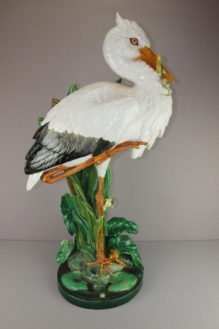 MINTON majolica stork walking stick stand with bu: MINTON majolica stork walking stick stand with bullrushes, stork with snake in beak and frog under foot, great detail, ref: Karmason-Stacke p. 55, shape no. 1916, 41"h, professional repair to leaf tip