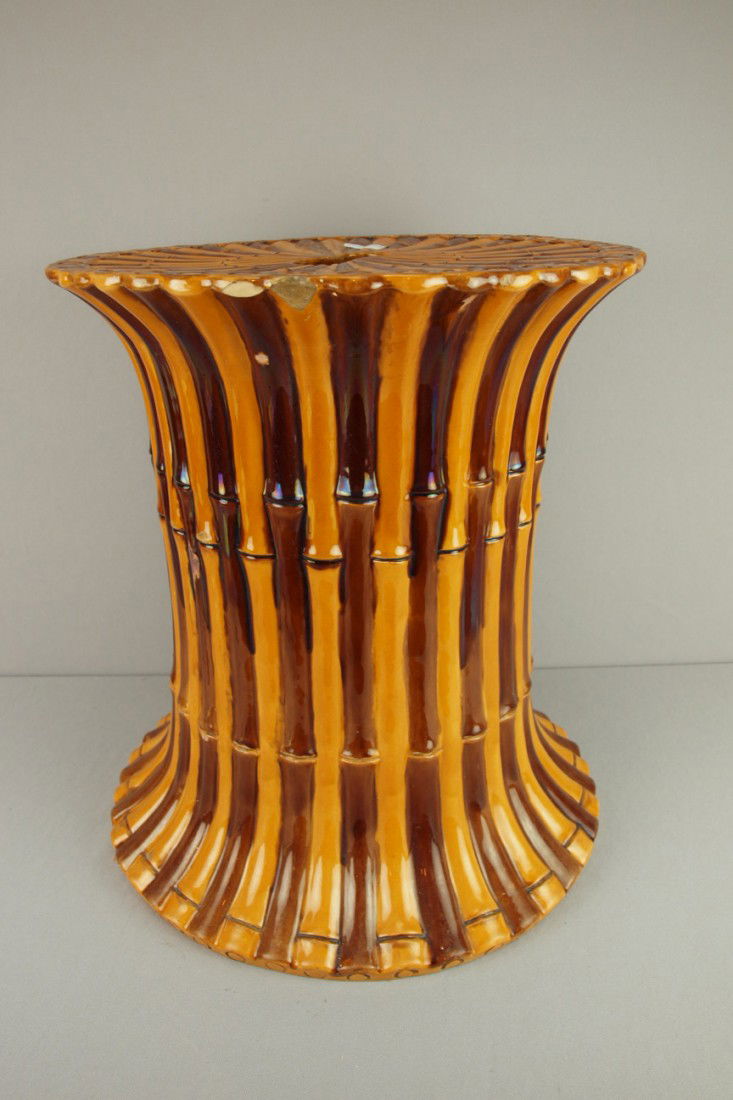 WEDGWOOD bamboo majolica garden seat, 19"h, 17"d,: WEDGWOOD bamboo majolica garden seat, 19"h, 17"d, chips to rim and base